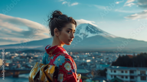 富士山と写真を撮る着物姿の若い女性
