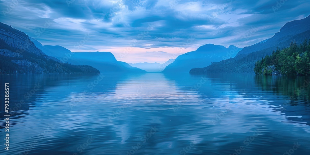 a panorama of peaceful calm blue lake with mountains in background at dawn