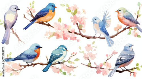 Watercolor Spring Birds Gardens Clipart 2d flat car © Mishi
