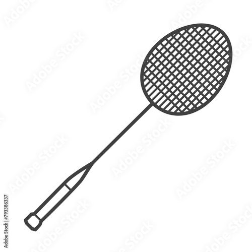 Linear icon of a badminton racket. Vector-style illustration in black and white.