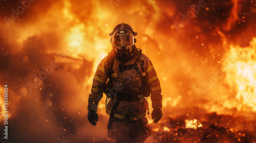 A solitary firefighter walks through a storm of sparks and flames, epitomizing courage and danger.