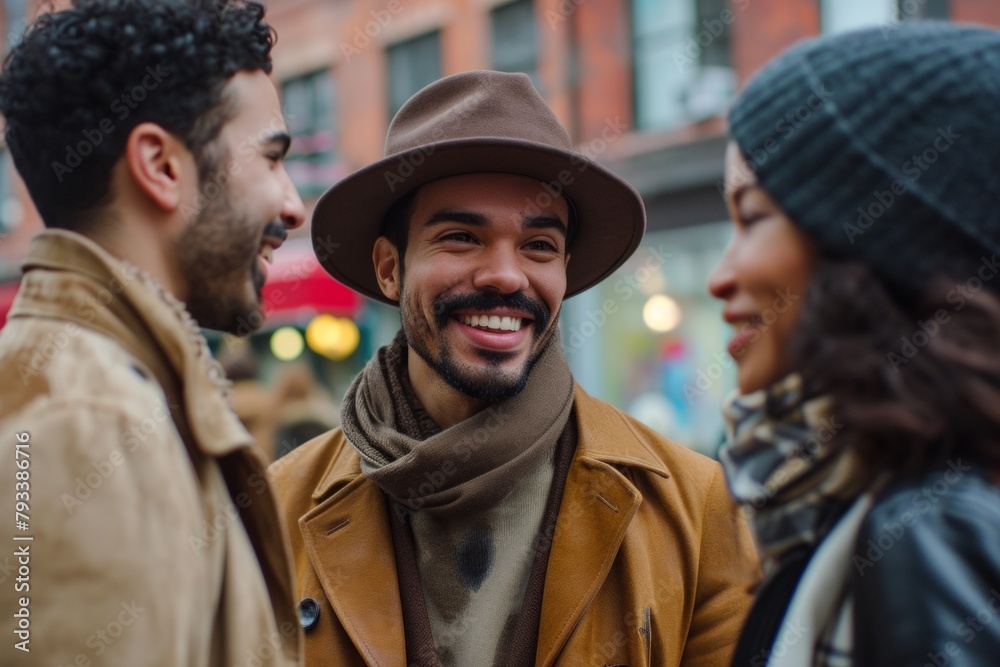 Smiling young man in hat and scarf looking at camera while walking with friends in city Smiling young man in hat and scarf looking at camera while walking with friends in city