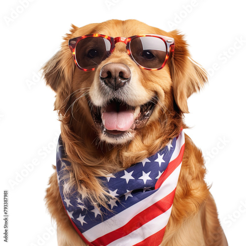 Golden Retriever portrait wearing sunglasses and American flag collar. Isolated over white transparent background © Pajaros Volando