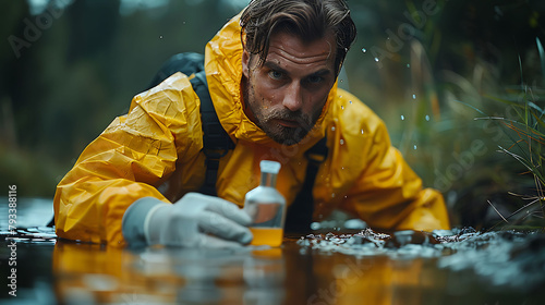 Smart male scientist wearing a quarantine vest with gloves and a test tube checks the quality of water in a river.