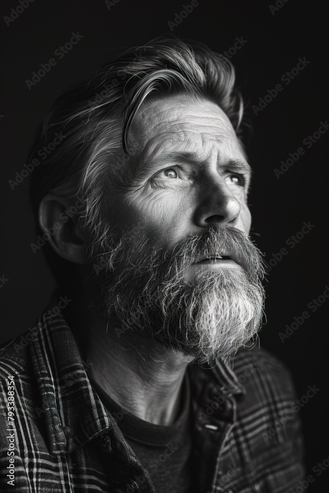 Black and white portrait of mature bearded Caucasian man in the forties. Vertical image