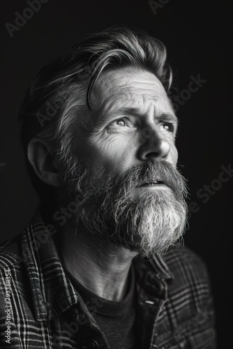 Black and white portrait of mature bearded Caucasian man in the forties. Vertical image