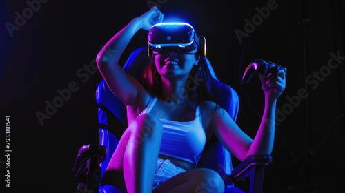 A woman is sitting in a virtual reality chair, Woman wearing a virtual reality headset