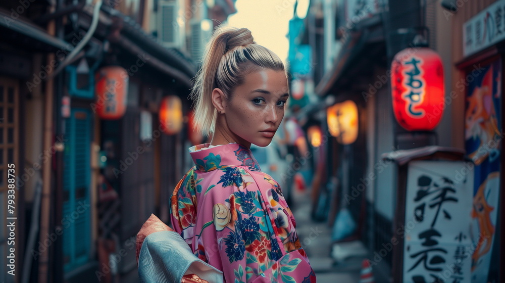 Obraz premium 日本を観光する和服を着た外国人の若い女性