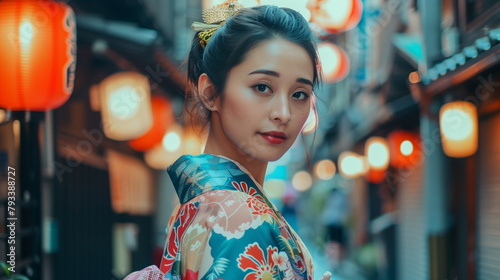 路地裏に立つ和服姿の日本人女性 photo