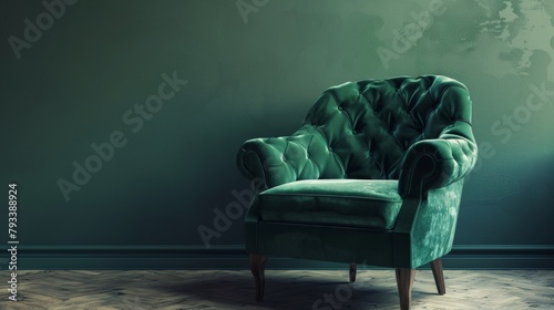 Sumptuous green velvet armchair with a hint of retro style, luxuriously poised on an isolated background photo