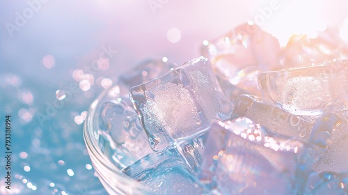 A minimalist close-up image of crystal-clear ice cubes piled gently in a clear glass