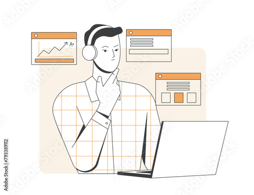 Education and self development. Smart male university student listening to online course or lecture on laptop. Learning and Study. Cartoon outline vector illustration isolated on white background