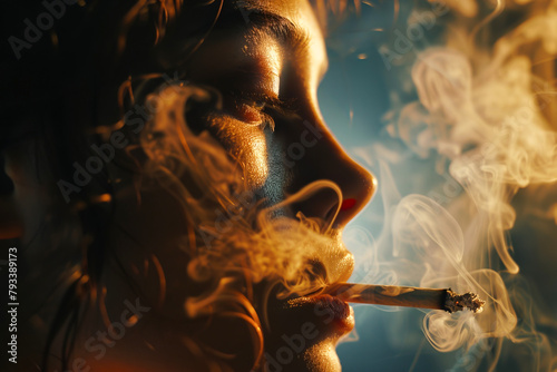 Close image of person smoking weed joint surrounded by fume under hard sunlight