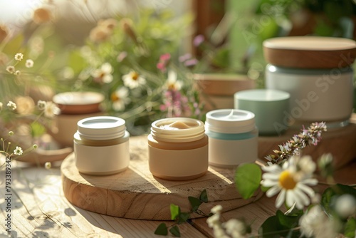 Natural organic eco cosmetics in open jars , beauty and SPA theme. Cosmetic containers with cream or lotion, natural ingredients, face care concept. Copy space.