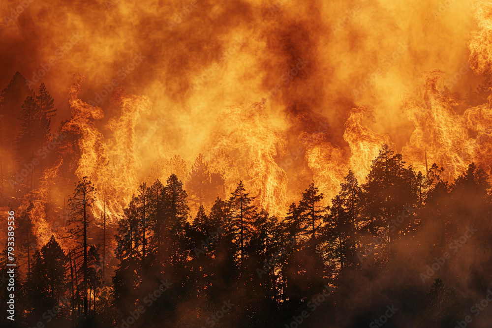 Natural forest under burning fire out of control. Deforestation and climate change concept