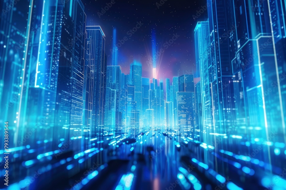 blue neon light city background - generative ai