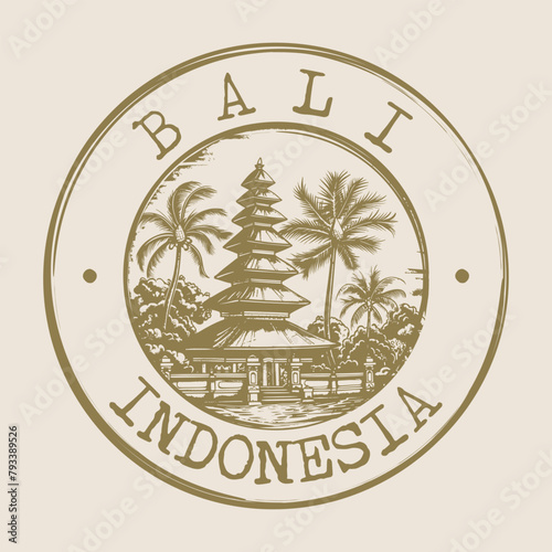 Bali, Indonesia Stamp City Postmark. Silhouette Postal Passport. Round Vector Icon. Vintage Postage Design.	
