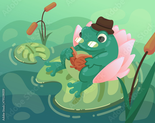 elderly toad reading a book sitting on a lily pad
