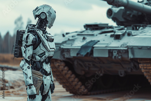 the robot soldier on the battlefield with weapon, next to tank, blurred background.. Artificial intelect in future life. AI generated	