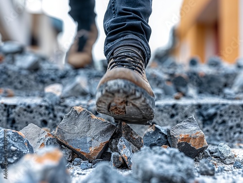 A person is walking on a rocky surface with their foot on a pile of rocks. Concept of adventure and exploration, as the person navigates the uneven terrain. Scene is one of determination