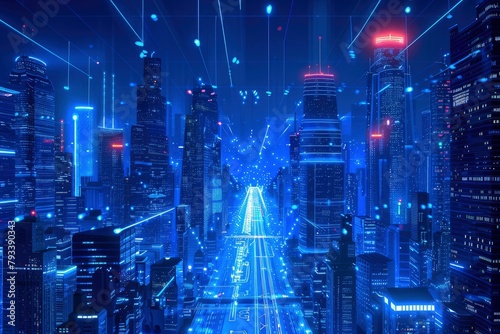 blue neon light city background - generative ai