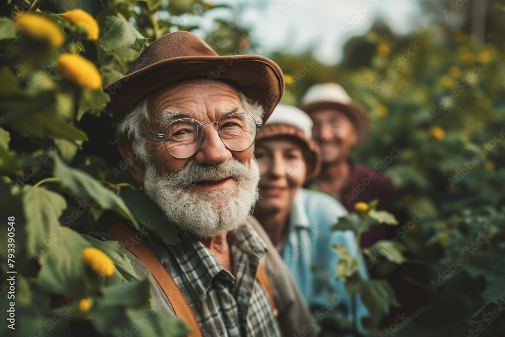Portrait of a senior man with his family in the sunflower field.
