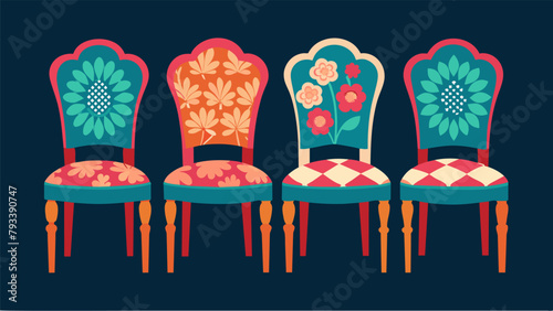 A set of mismatched dull dining chairs now unified with similar fabric upholstery and transformed with a vibrant handpainted floral design on the.