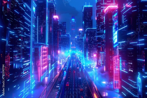 blue neon light city background - generative ai