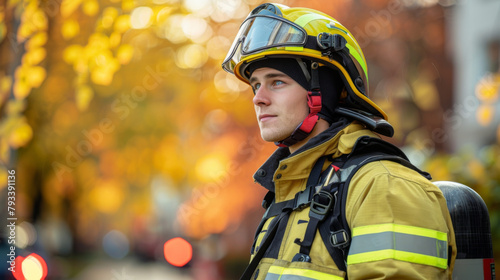 Portrait of a young firefighter in full gear, with a blurred autumnal background and bokeh. © khonkangrua