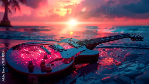 Guitar by the beach at sunset, World music day. Seamless looping 4k time-lapse video animation background photo