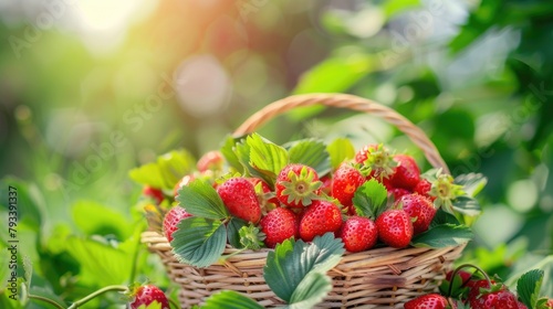 a basket of seasonal fresh ripe strawberries with green leaves in a garden