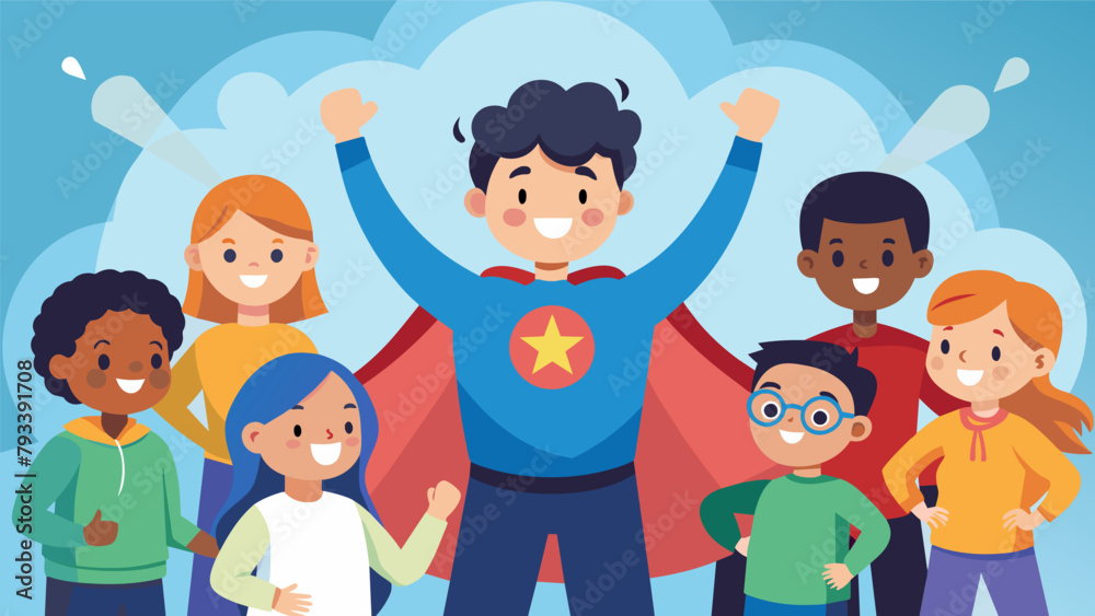 A child with disabilities dressed as a superhero surrounded by supportive friends experiencing the joy and empowerment of being a hero for a