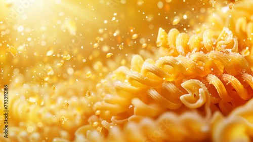 Close-up of fusilli pasta basking in a warm, golden light with sparkling flour particles, suggesting culinary delight.
