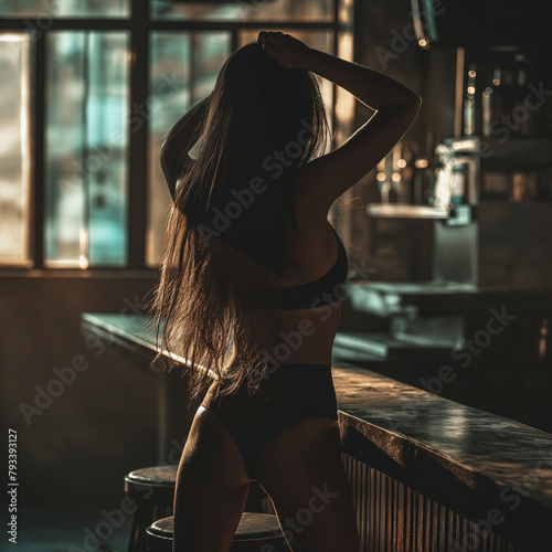 Young woman in black lingerie posing in a bar.