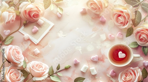 Celebrate Valentine s Day Women s Day or Mother s Day with a charming banner featuring greeting cards pink roses tea heart shapes and marshmallows set against a soft light background Perfec photo