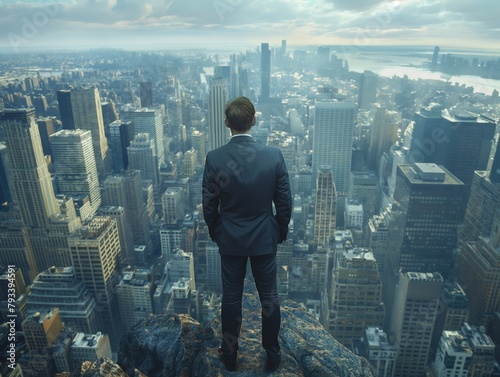 A man stands on a ledge in a city, looking out over the skyline. Concept of loneliness and isolation, as the man is alone on the edge of a building in the middle of a bustling city