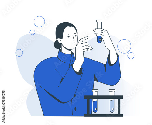 Science research. Female chemist or microbiologist holds flasks and conducts scientific experiment in laboratory. Vaccine development. Cartoon outline vector illustration isolated on white background