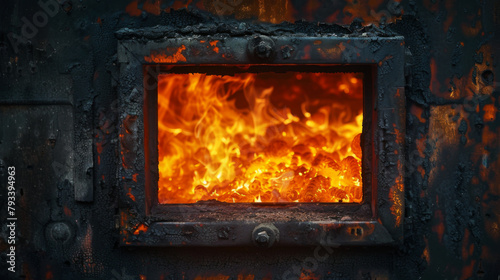 A close-up view of vibrant flames engulfing the inside of a high-temperature industrial furnace.