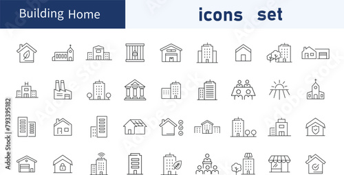 Building minimal thin line web icon set. Outline icons collection. Home, tower, garage simple vector illustration bundle .