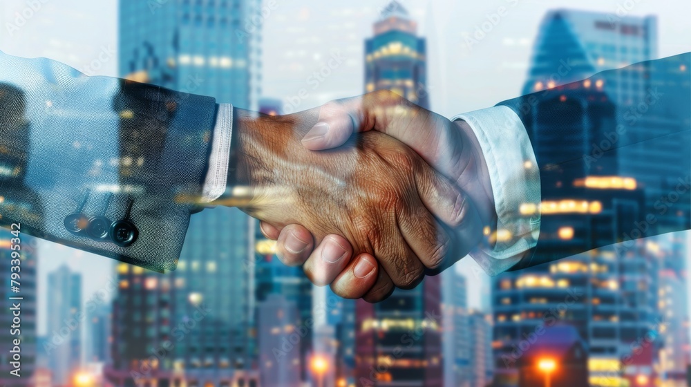Business handshake with cityscape overlay Business handshake with cityscape overlay