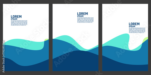 three vertical banners with blue waves