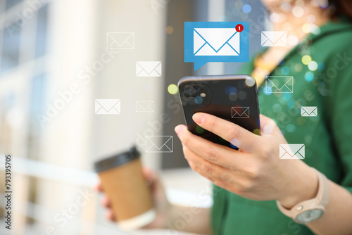 Email. Woman using mobile phone outdoors, closeup. Letter illustrations around device