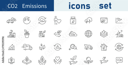 Set of CO2 Emissions web icons in line style. Ecology, tree, energy, carbon dioxide, climate. Vector illustration bundle . 