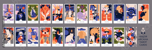 Set of Major Arcana Tarot cards. Occult and esoteric attributes with magical symbols and signs. Spiritual pack for fortune telling. Cartoon flat vector collection isolated on gray background photo