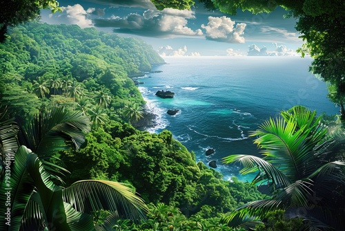 a tropical beach coastline with lush green palm trees location background for travelling tourism and adventurous exploration