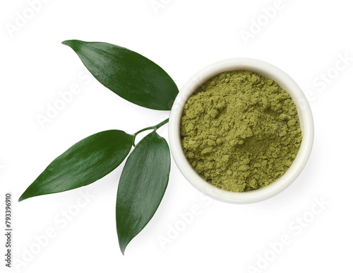 Henna powder in bowl and green leaves isolated on white, top view