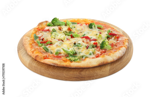 Board with delicious vegetarian pizza isolated on white