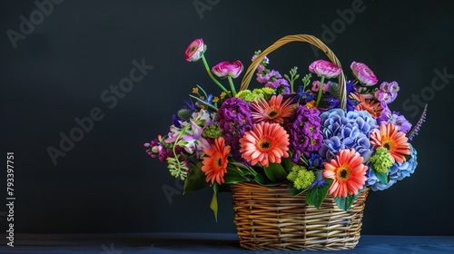 A beautifully arranged basket brimming with gifts and vibrant flowers sits atop a table contrasted against a dark background ready to celebrate Mother s Day photo