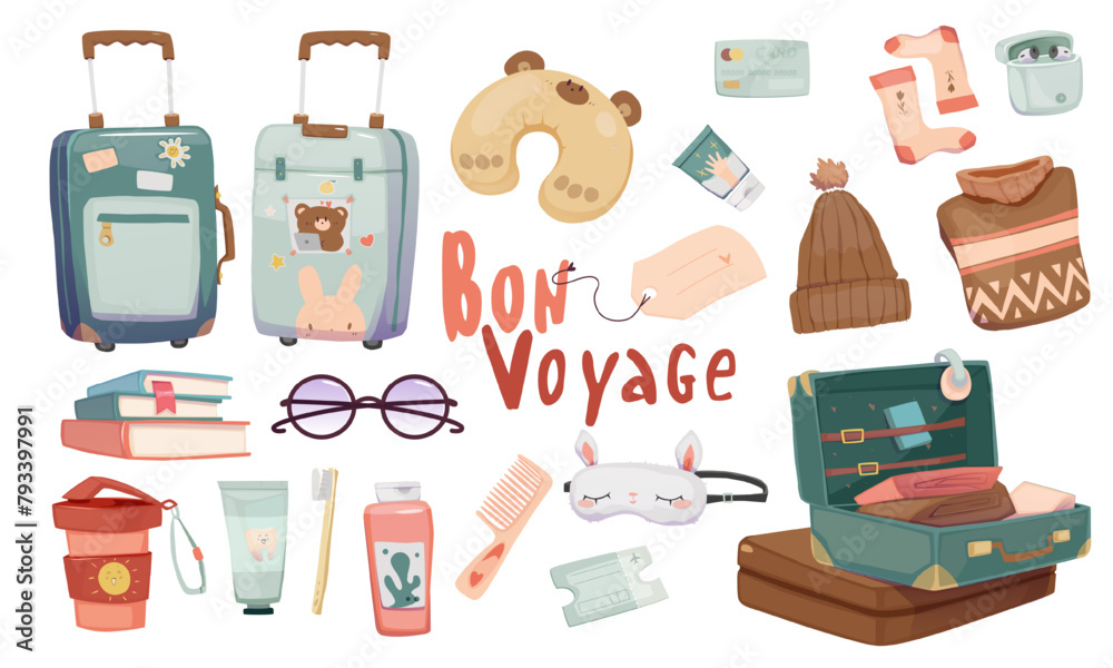 Set of Travel stuff. Stickers with luggage, suitcases, travel pillow, hygiene products and sleep mask. Clothes and things for vacation. Cartoon flat vector illustrations isolated on white background