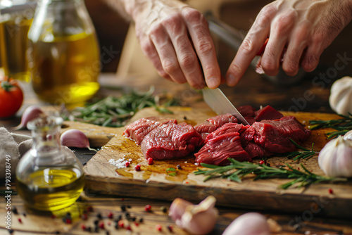 Chef cutting raw beef meat. On a table meat with rosemary, garlic, salt, and pepper.